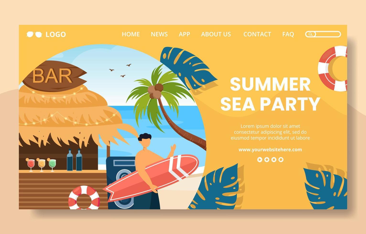 Summer Party Social Media Landing Page Template Flat Cartoon Background Vector Illustration