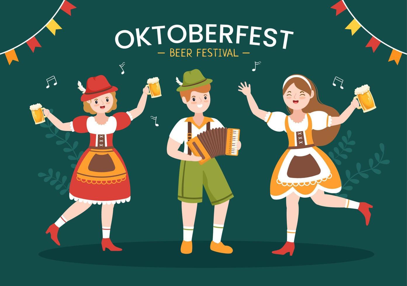 Oktoberfest Festival Cartoon Illustration with Bavarian Costume Holding Beer Glass while Dancing in Traditional German in Flat Style Design vector