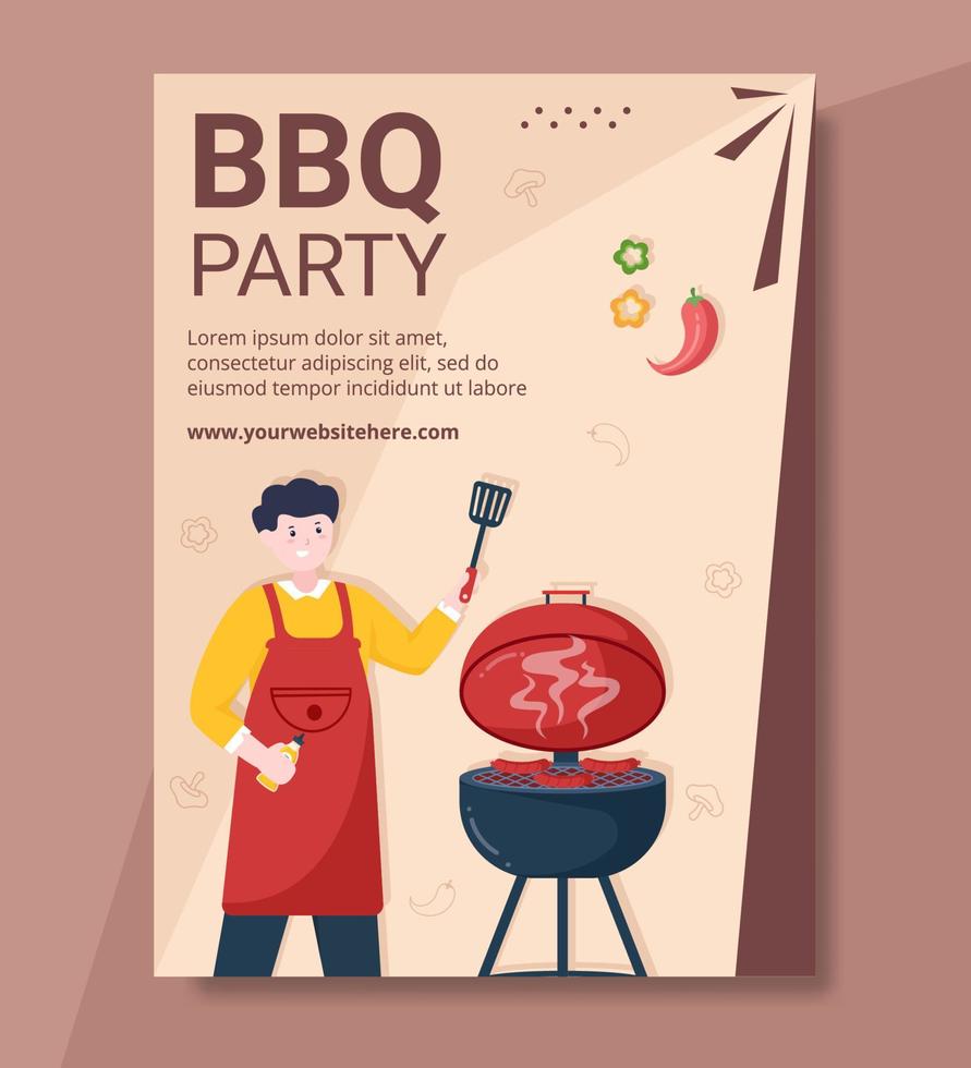 BBQ or Barbecue Poster Template Flat Cartoon Background Vector Illustration