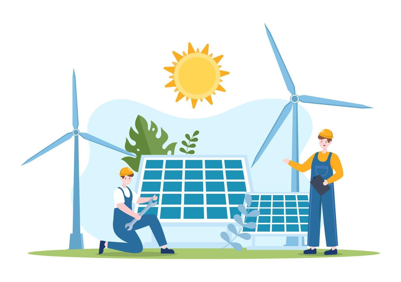 Solar Energy Installation, Panel or Wind Turbine Maintenance with Home Service Team For Electricity Network Operation in Cartoon Illustration vector