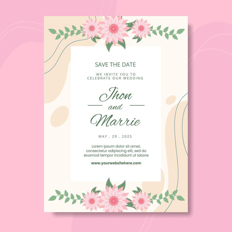 Floral Wedding Invitation Template Flat Cartoon Background Vector Illustration