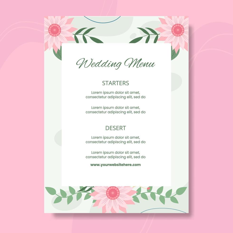 Floral Wedding Menu Template Flat Cartoon Background Vector Illustration