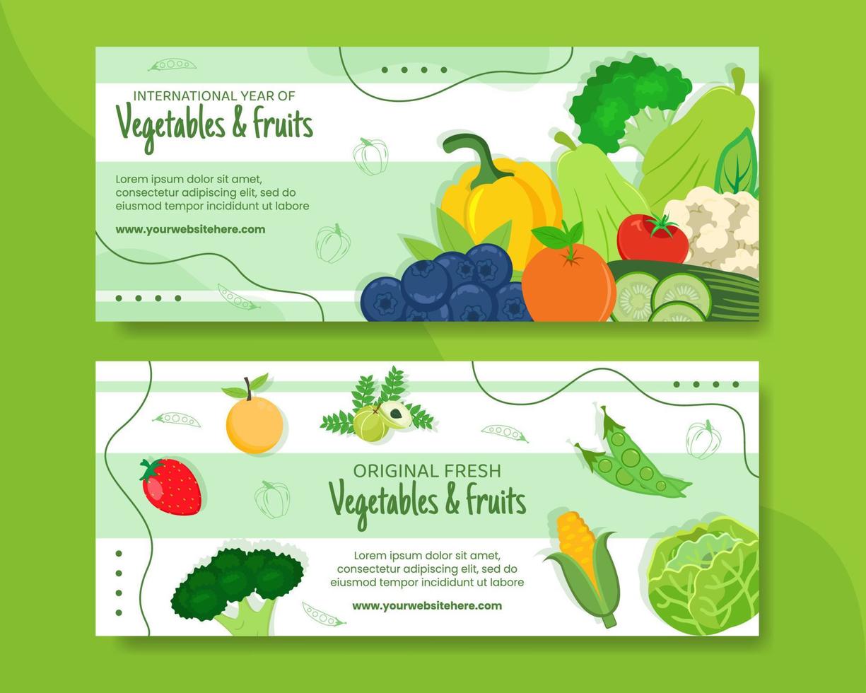 Vegetables and Fruits Horizontal Banner Template Cartoon Background Vector Illustration