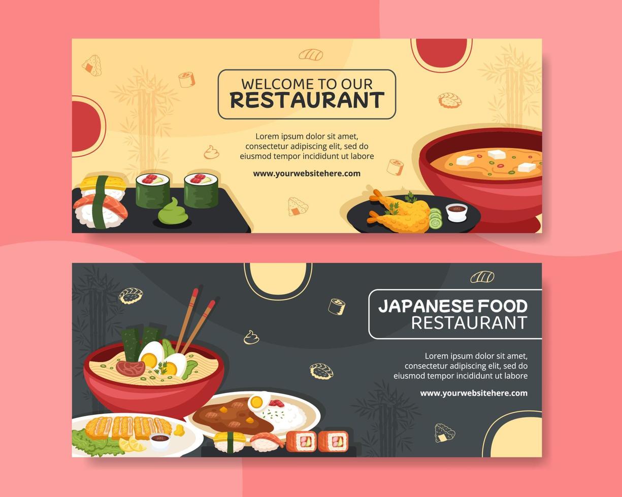 ilustración de vector de fondo de dibujos animados planos de plantilla de banner horizontal de comida japonesa