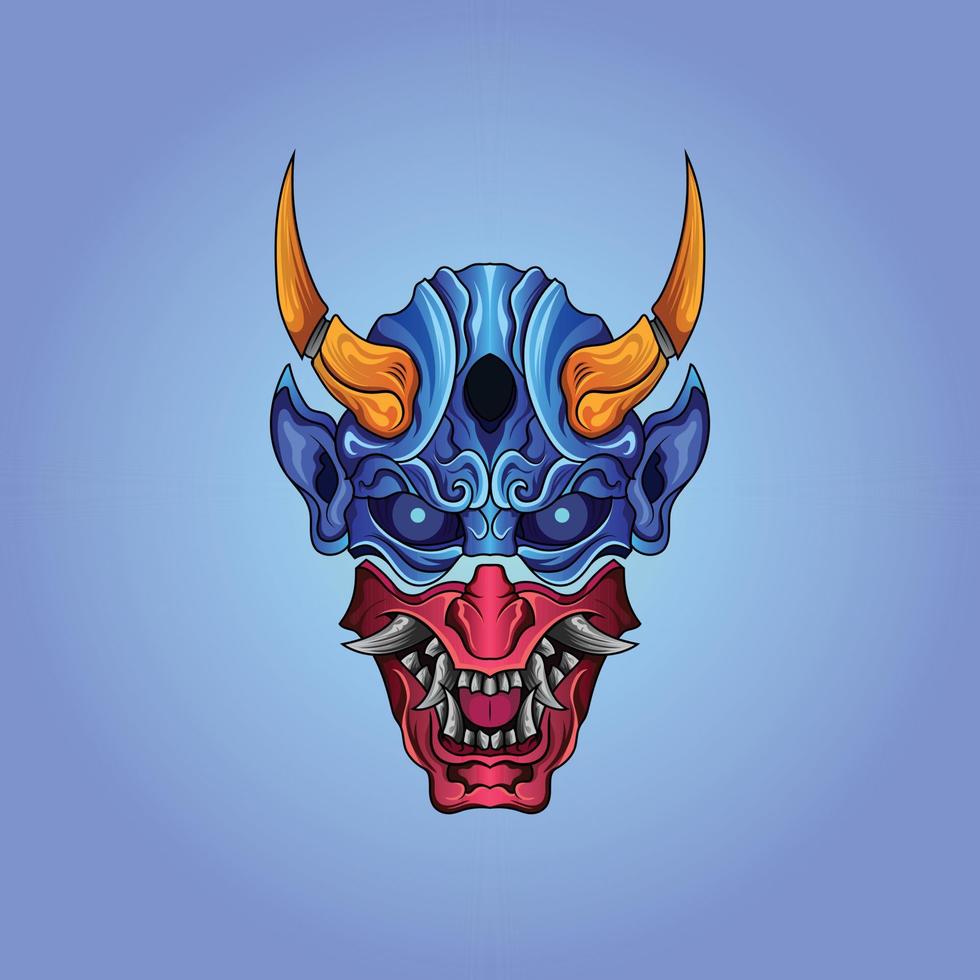 máscara hannya roja medio azul y cuernos en la cabeza con ilustración de cultura de estilo japonés vector