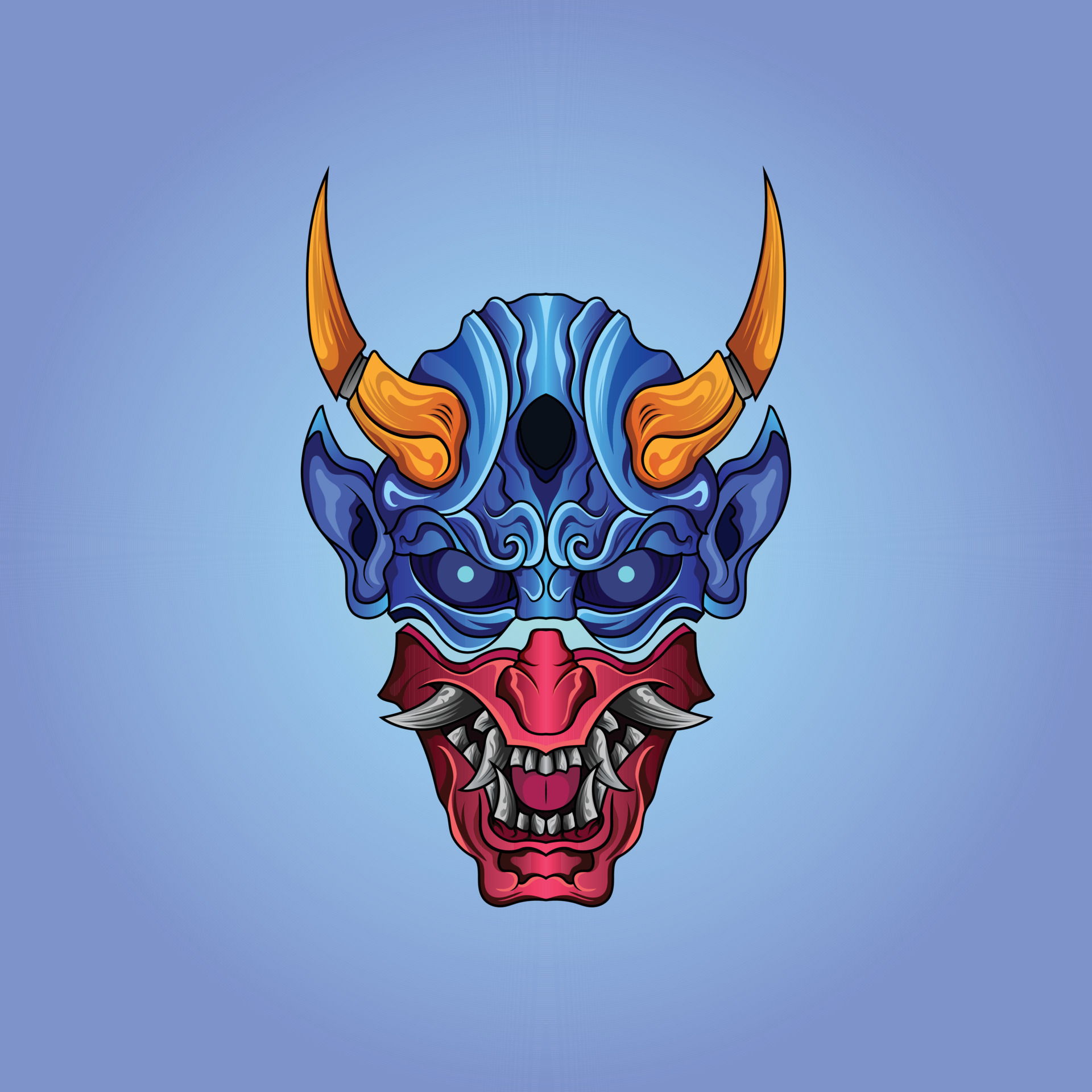 hannya mask Red half blue and horns on his head with japanese style
