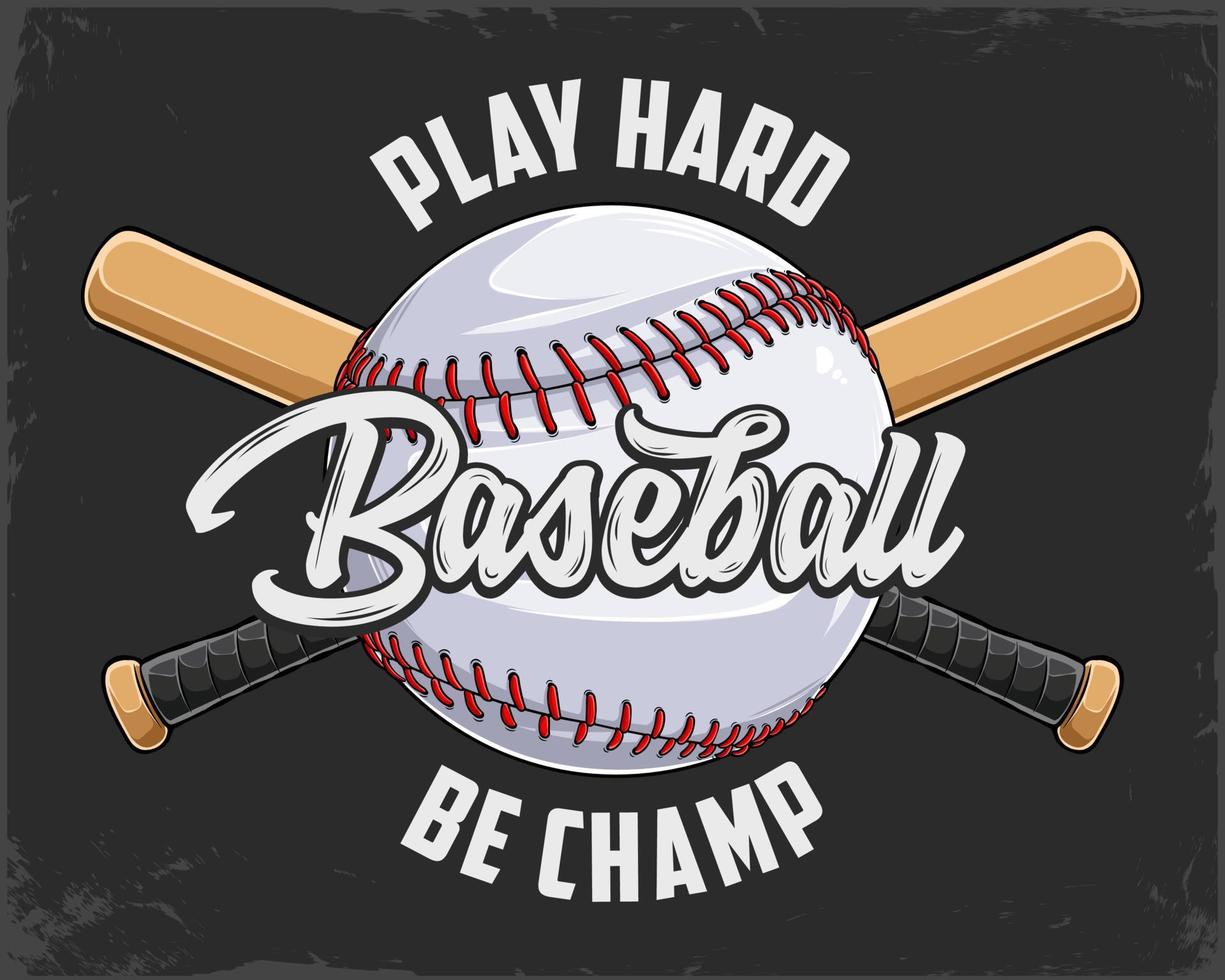 Hand drawn Baseball ball with red lacing and two crossed softball bats, play hard and be champ vector