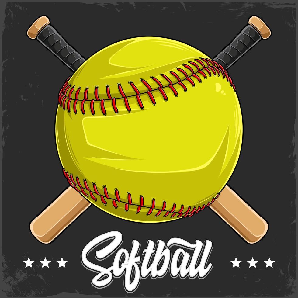 Hand drawn yellow Softball ball with red lacing and two crossed softball bats behind vector