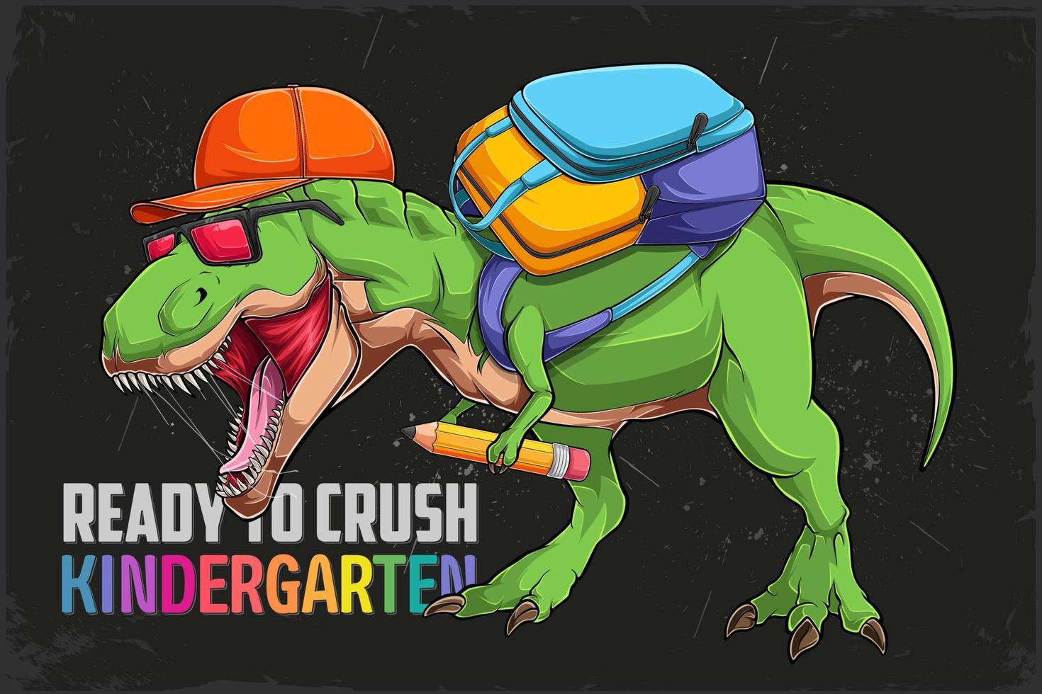 regreso a la escuela dinosaurio verde rugiente t rex con gorra naranja y mochila con crayón en la mano vector