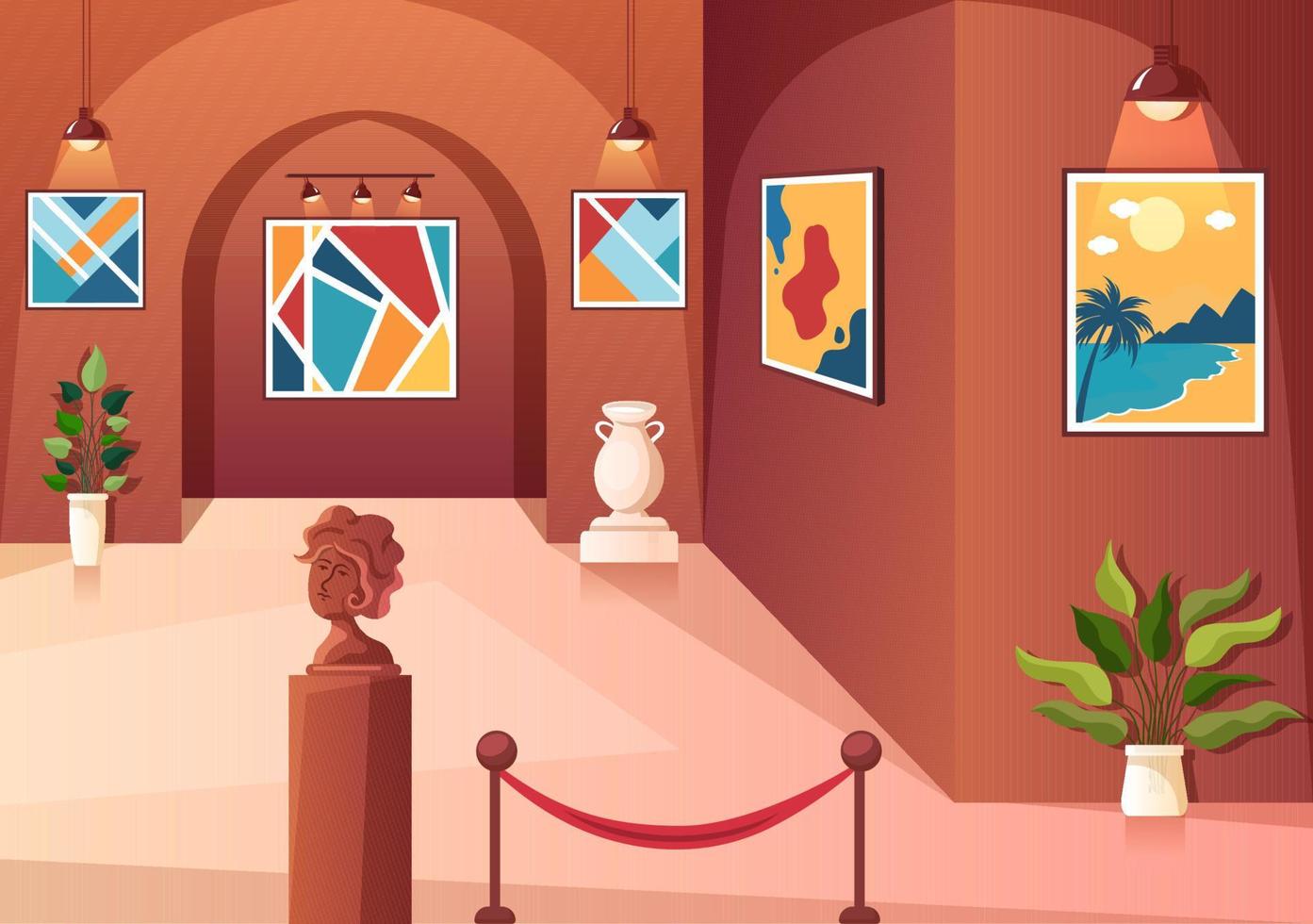 Art Gallery Museum Interior Cartoon Illustration Exhibition, Culture, Sculpture and Painting for Some People to See it in Flat Style Design vector