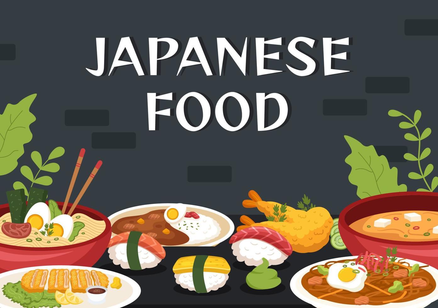 ilustración de dibujos animados de comida japonesa con varios platos deliciosos en el restaurante como sushi en un plato, rollo de sashimi y otros en estilo plano vector