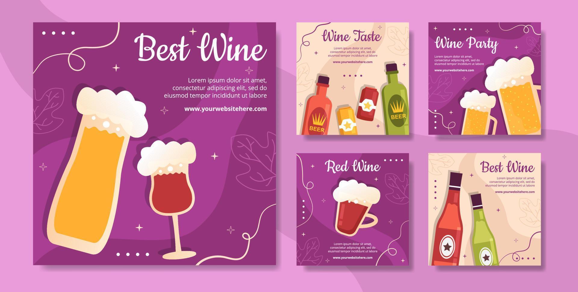 ilustración de vector de fondo de dibujos animados plana de plantilla de publicación de redes sociales de fiesta de vino