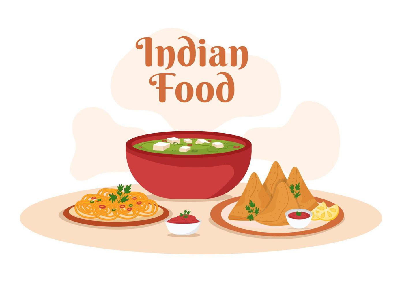 ilustración de dibujos animados de comida india con varias colecciones de deliciosos platos de cocina tradicional en un diseño de estilo plano vector