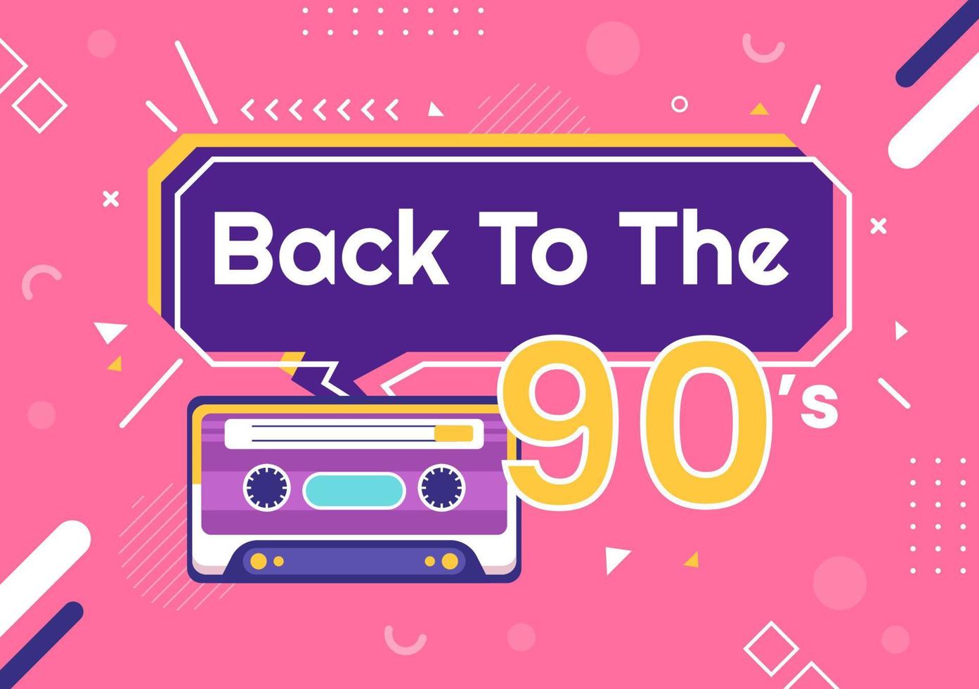 90s Retro Party Cartoon Background Illustration with Nineties Music, Sneakers, Radio, Dance Time and Tape Cassette in Trendy Flat Style Design vector