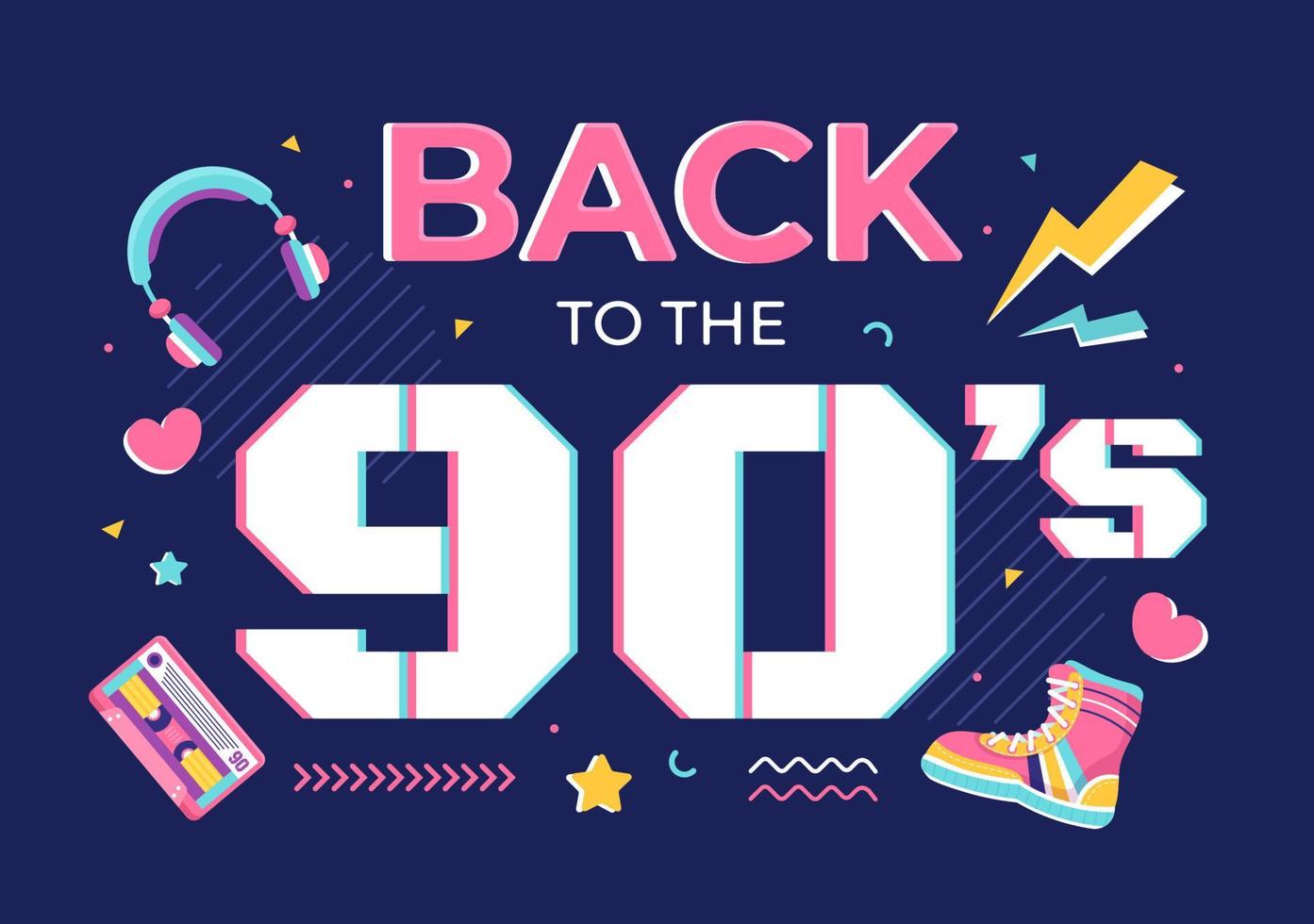 Ilustración de fondo de dibujos animados de fiesta retro de los 90 con música de los 90, zapatillas de deporte, radio, tiempo de baile y casete de cinta en un diseño moderno de estilo plano vector