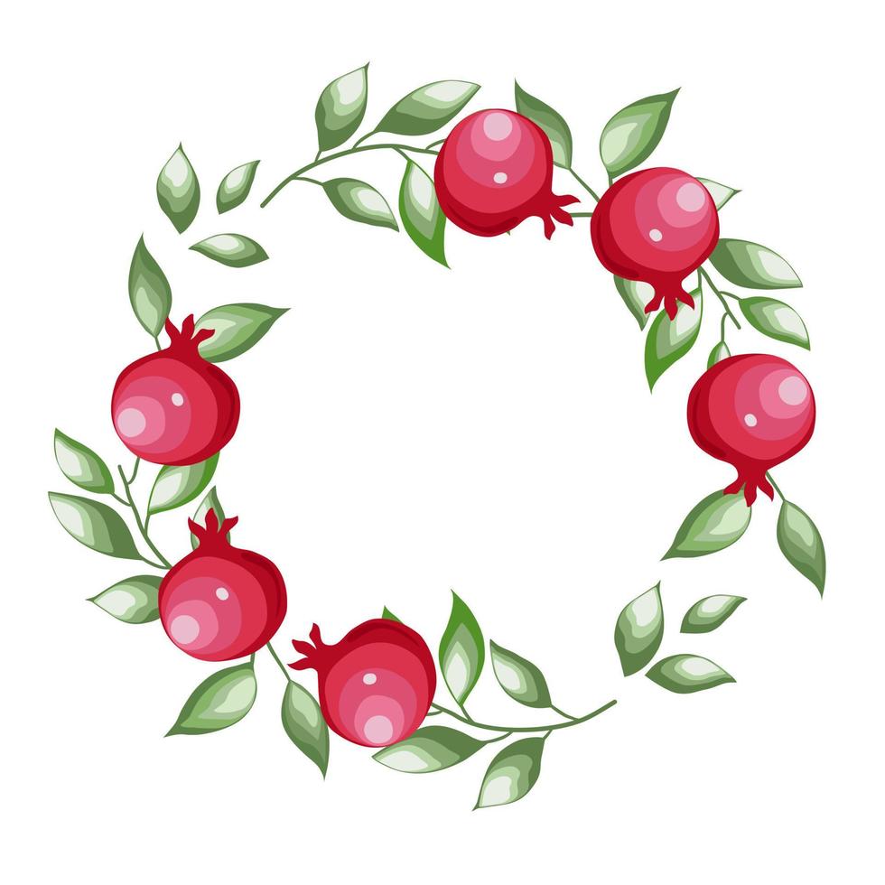 Pomegranates fruit and leaves in a flat vector style. Round frame  border ornament.  Texture, wrapper, pattern, frame or border.