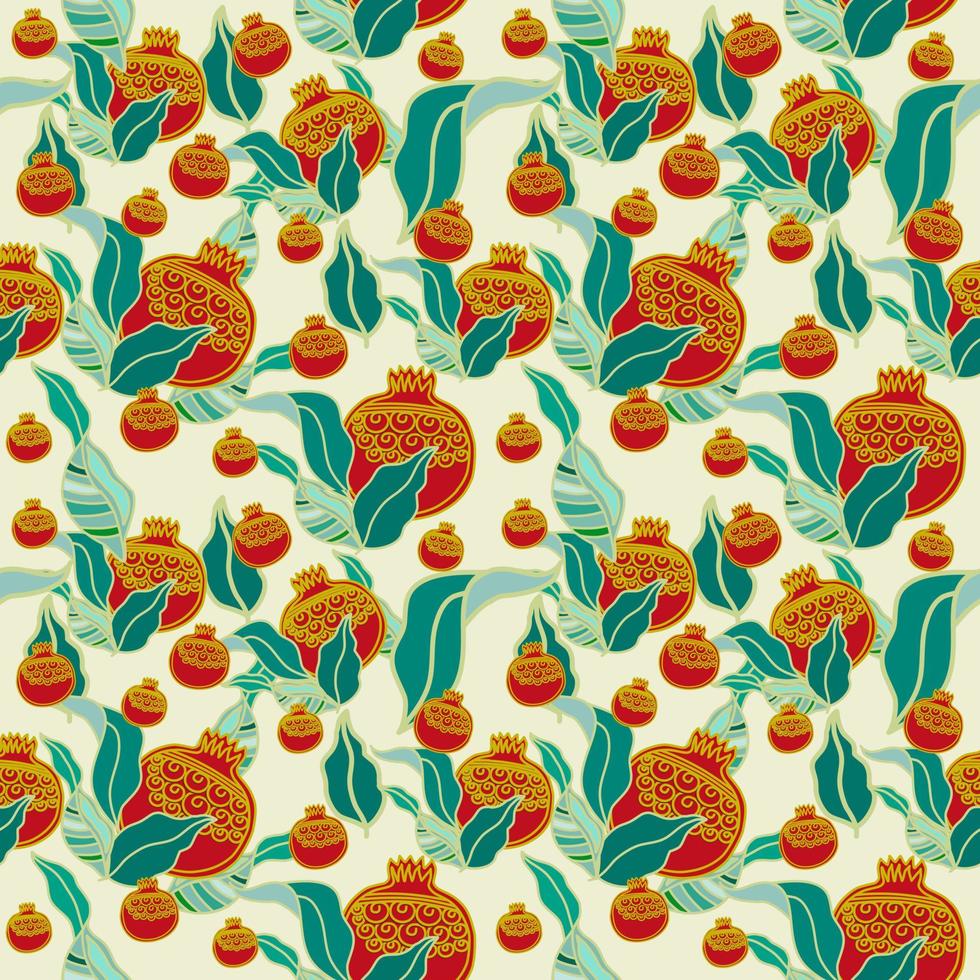 The seamless pattern of red graphic Pomegranate fruit and blue green leaves, flat vector illustration image.