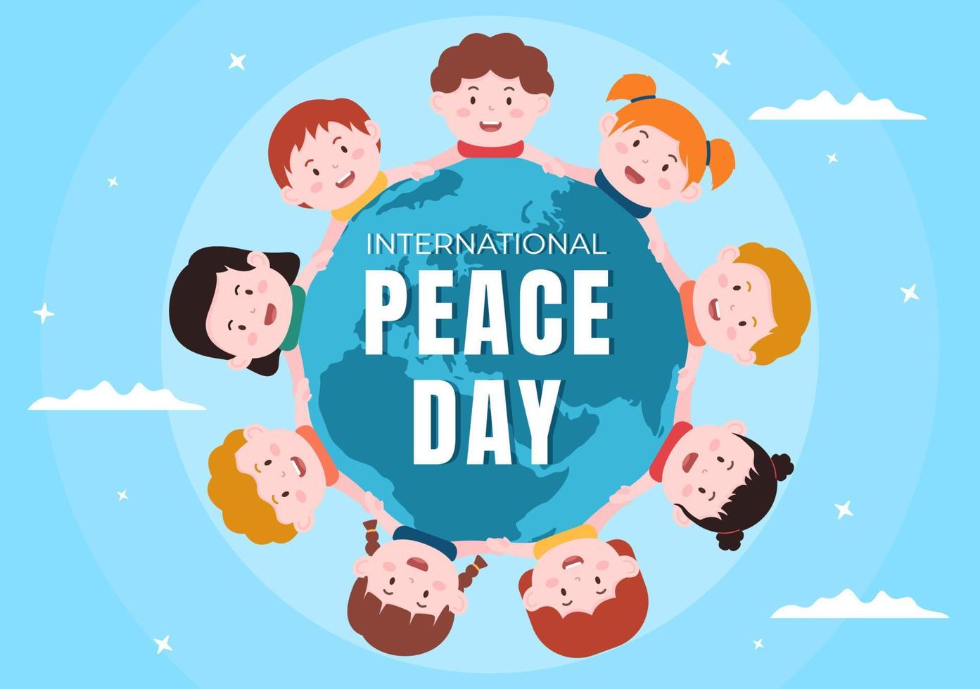 International Peace Day Cartoon Illustration with Hands, Cute Children, Globe and Blue Sky to Create Prosperous in the World in Flat Style Design vector