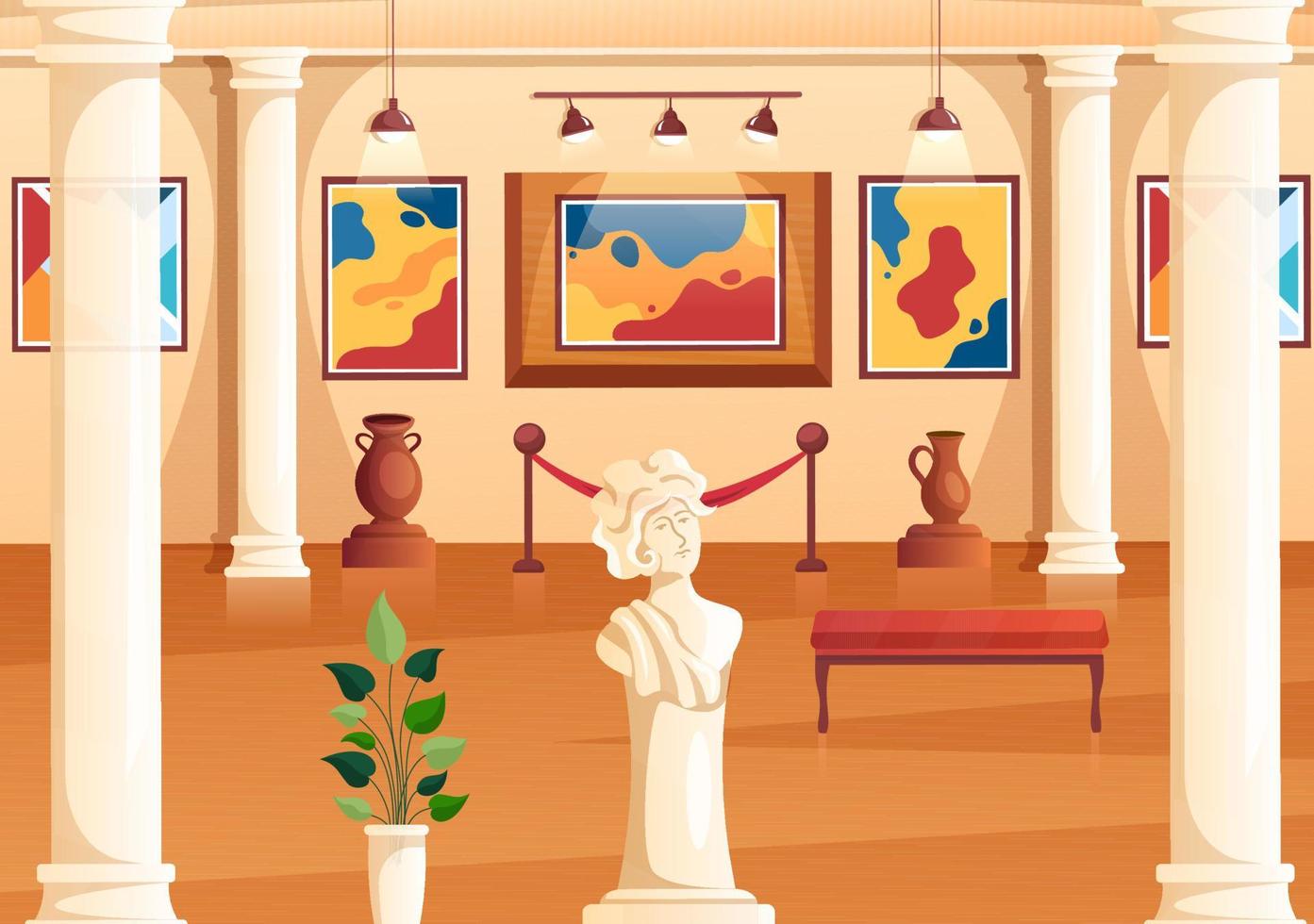 Art Gallery Museum Interior Cartoon Illustration Exhibition, Culture, Sculpture and Painting for Some People to See it in Flat Style Design vector