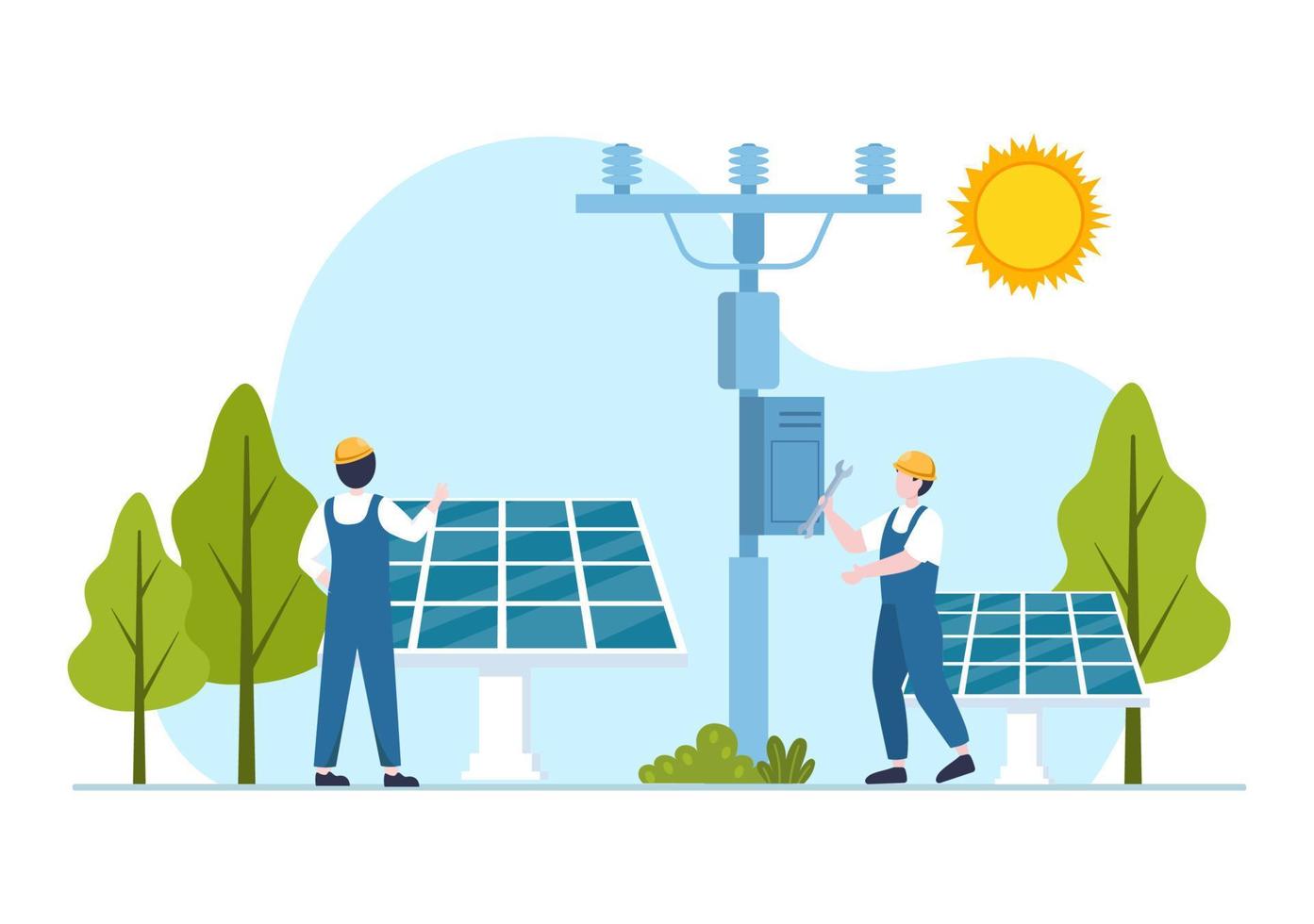 instalación de energía solar, mantenimiento de paneles o turbinas eólicas con equipo de servicio a domicilio para el funcionamiento de la red eléctrica en la ilustración de dibujos animados vector