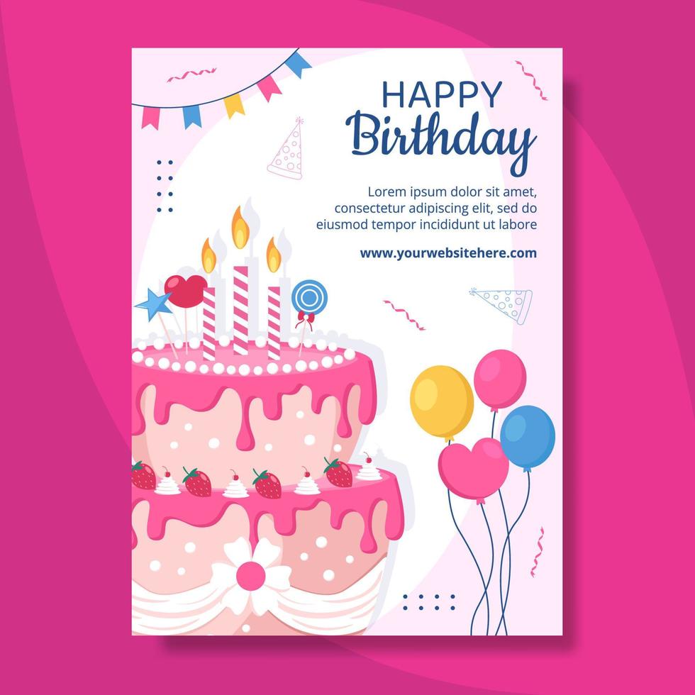 Happy Birthday Party Poster Template Flat Cartoon Background Vector Illustration