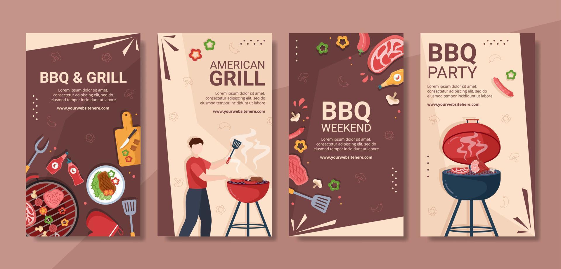 BBQ or Barbecue Social Media Stories Template Flat Cartoon Background Vector Illustration