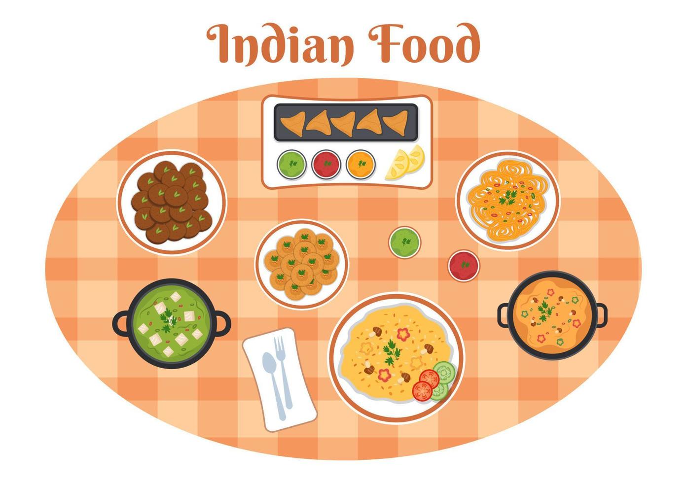 ilustración de dibujos animados de comida india con varias colecciones de deliciosos platos de cocina tradicional en un diseño de estilo plano vector