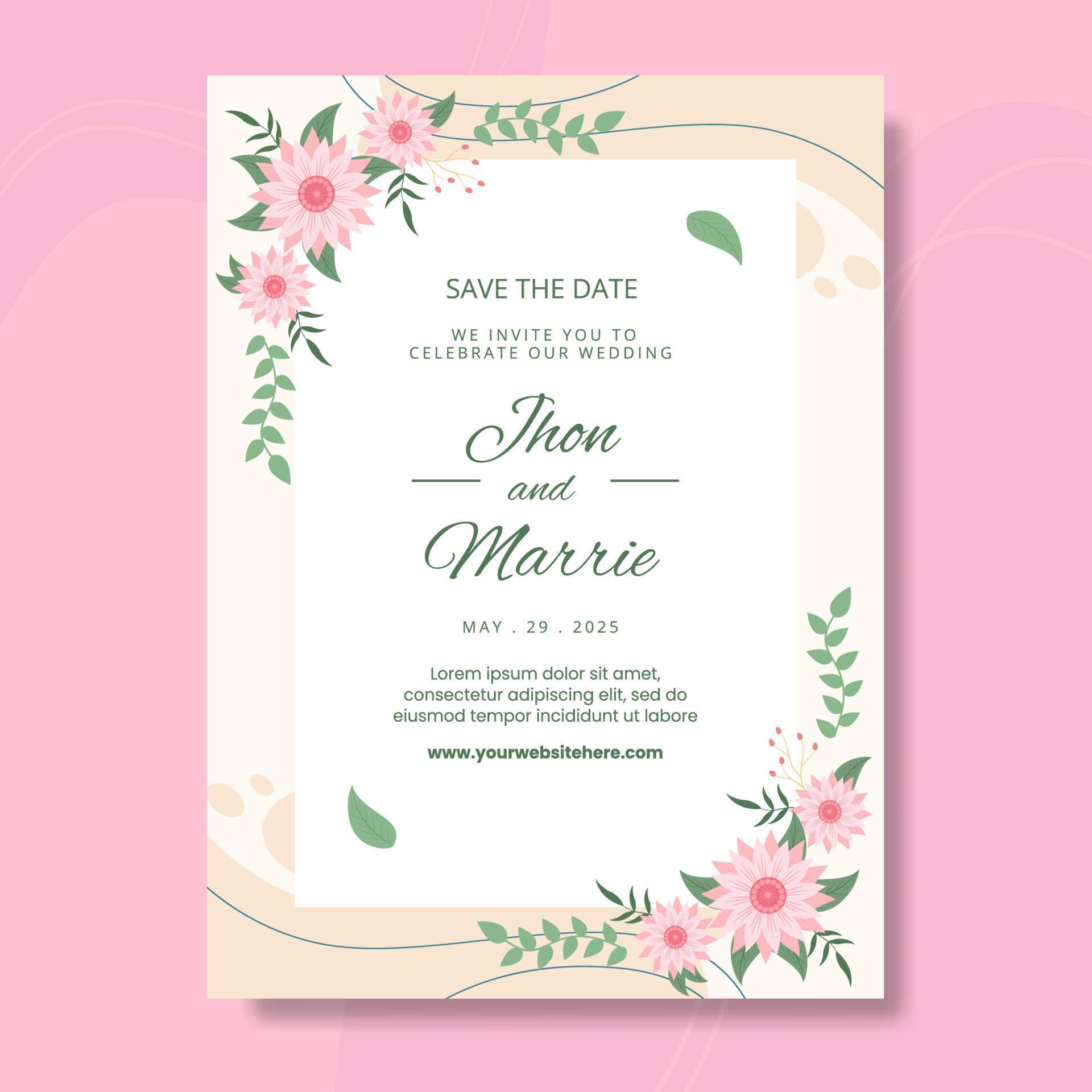 Floral Wedding Poster Template Flat Cartoon Background Vector ...