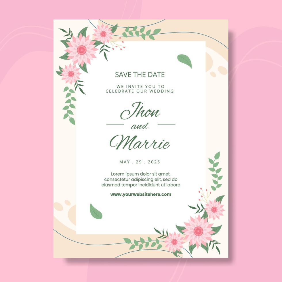 Floral Wedding Poster Template Flat Cartoon Background Vector Illustration