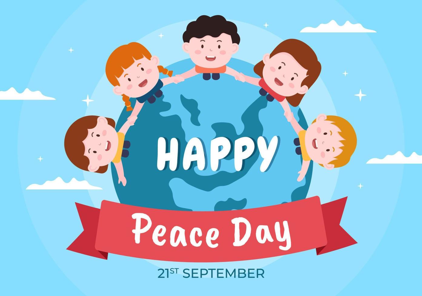 International Peace Day Cartoon Illustration with Hands, Cute Children, Globe and Blue Sky to Create Prosperous in the World in Flat Style Design vector