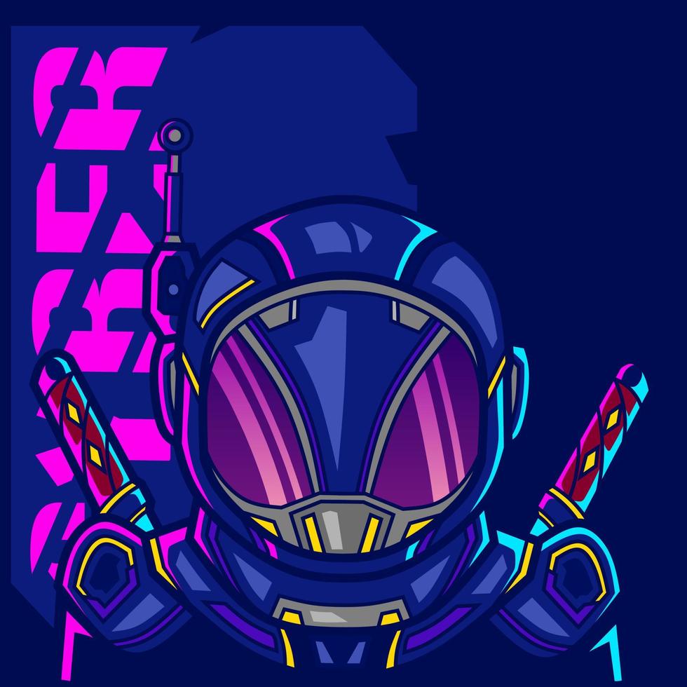 Astronaut samurai cyberpunk logo line pop art portrait fiction colorful design with dark background. Abstract vector illustration.