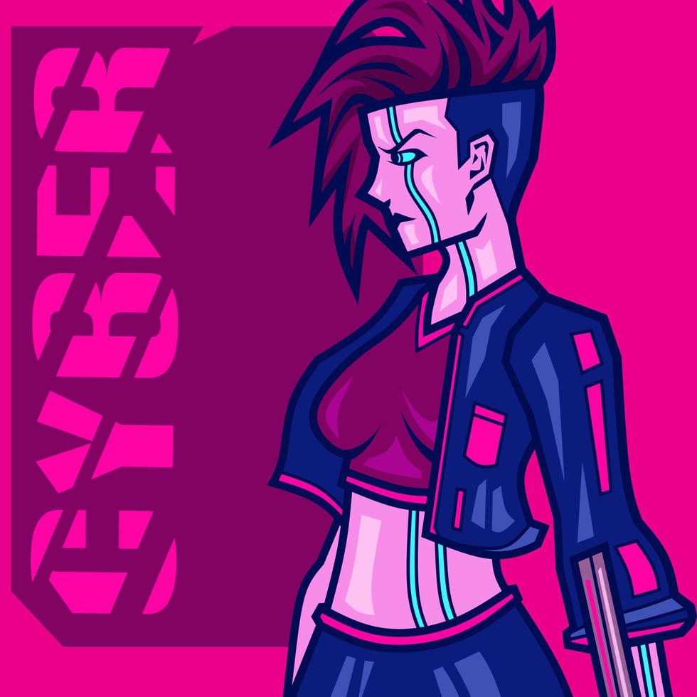 Gun woman cyberpunk logo line pop art portrait fiction colorful design with dark background. Abstract vector illustration.