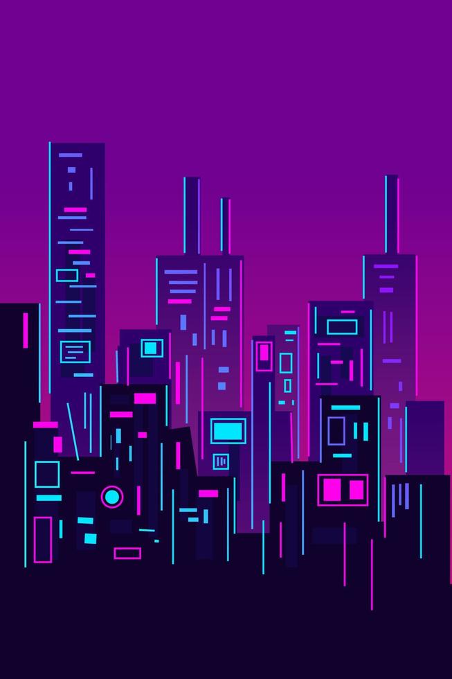 City cyberpunk neon line art design skyline with buildings, towers. Cityscape glowing lights, architecture vector illustration.