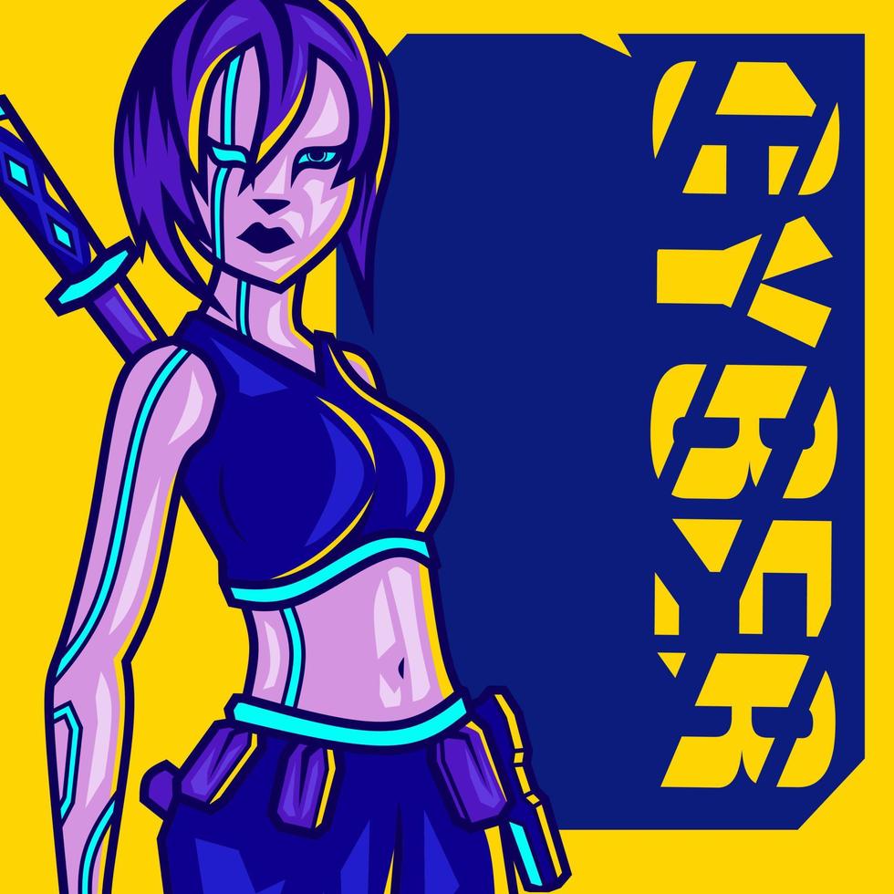 samurai mujer cyberpunk logo línea pop art retrato ficción diseño colorido con fondo oscuro. ilustración vectorial abstracta. vector