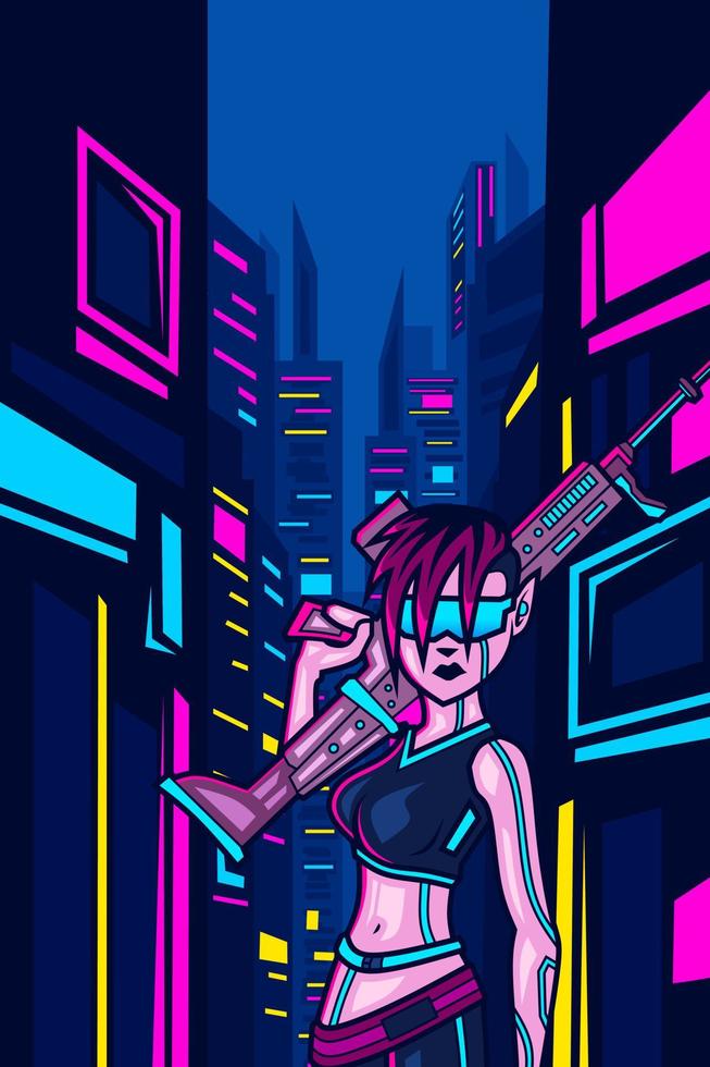 Gun woman cyberpunk logo line pop art portrait fiction colorful design with dark background. Abstract vector illustration.