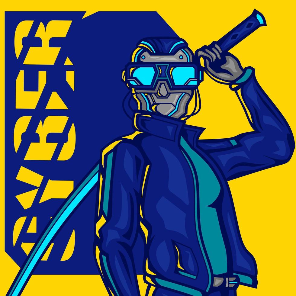 Samurai robot cyberpunk logo line pop art portrait fiction colorful design with dark background. Abstract vector illustration.