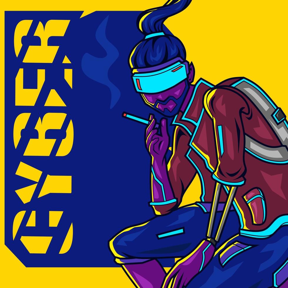 Smoking man cyberpunk logo line pop art portrait fiction colorful design with dark background. Abstract vector illustration.