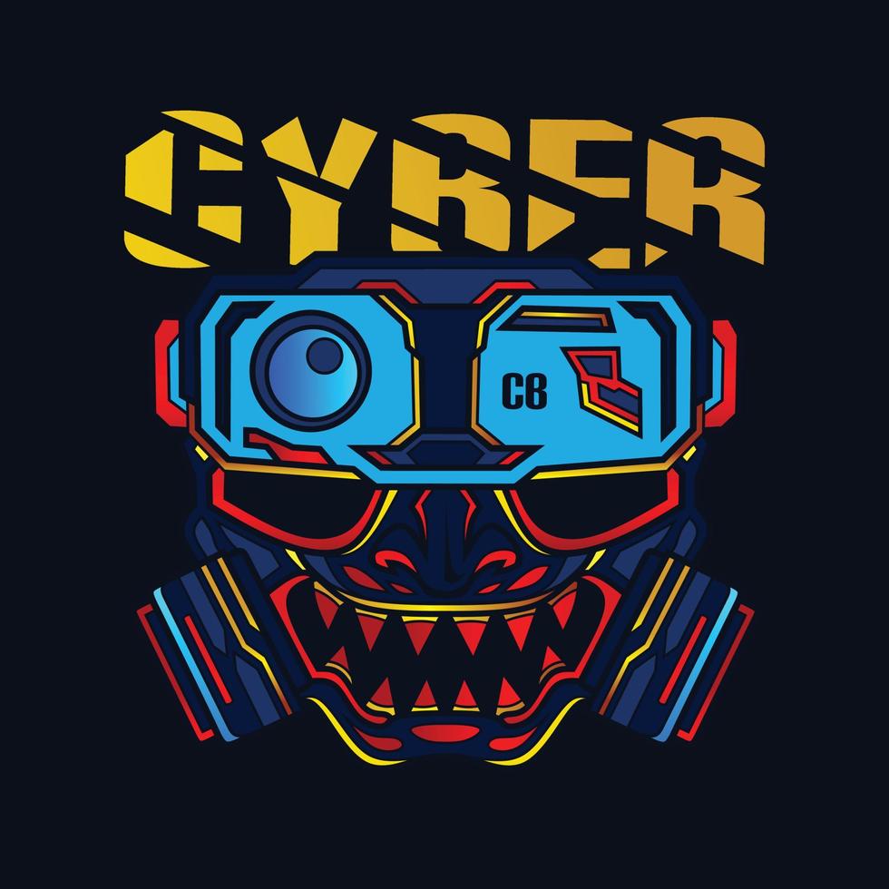 samurai mask cyberpunk vector logo ficción diseño colorido con fondo oscuro.