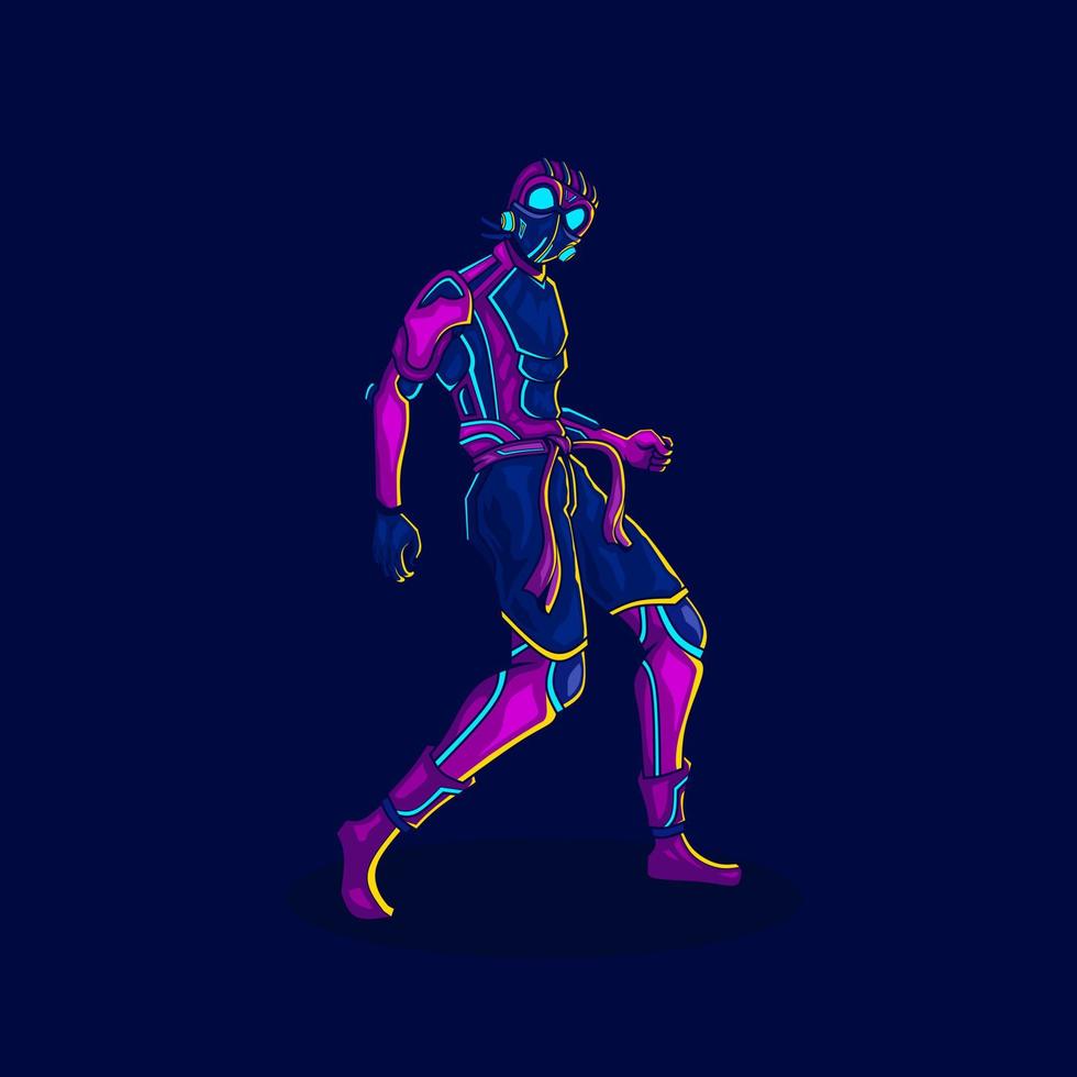 Karate cyborg in cyberpunk art style. Colorful fiction design with dark background. Abstract vector illustration.