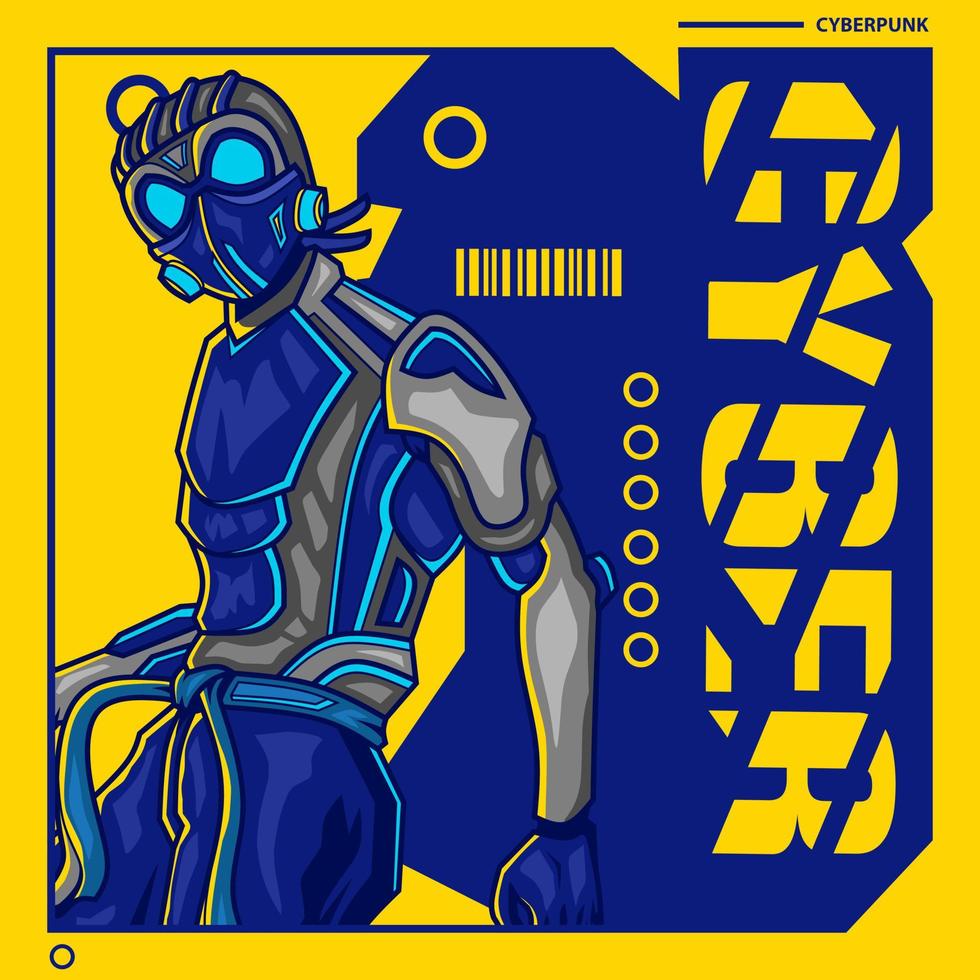 Karate cyborg in cyberpunk art style. Colorful fiction design with dark background. Abstract vector illustration.