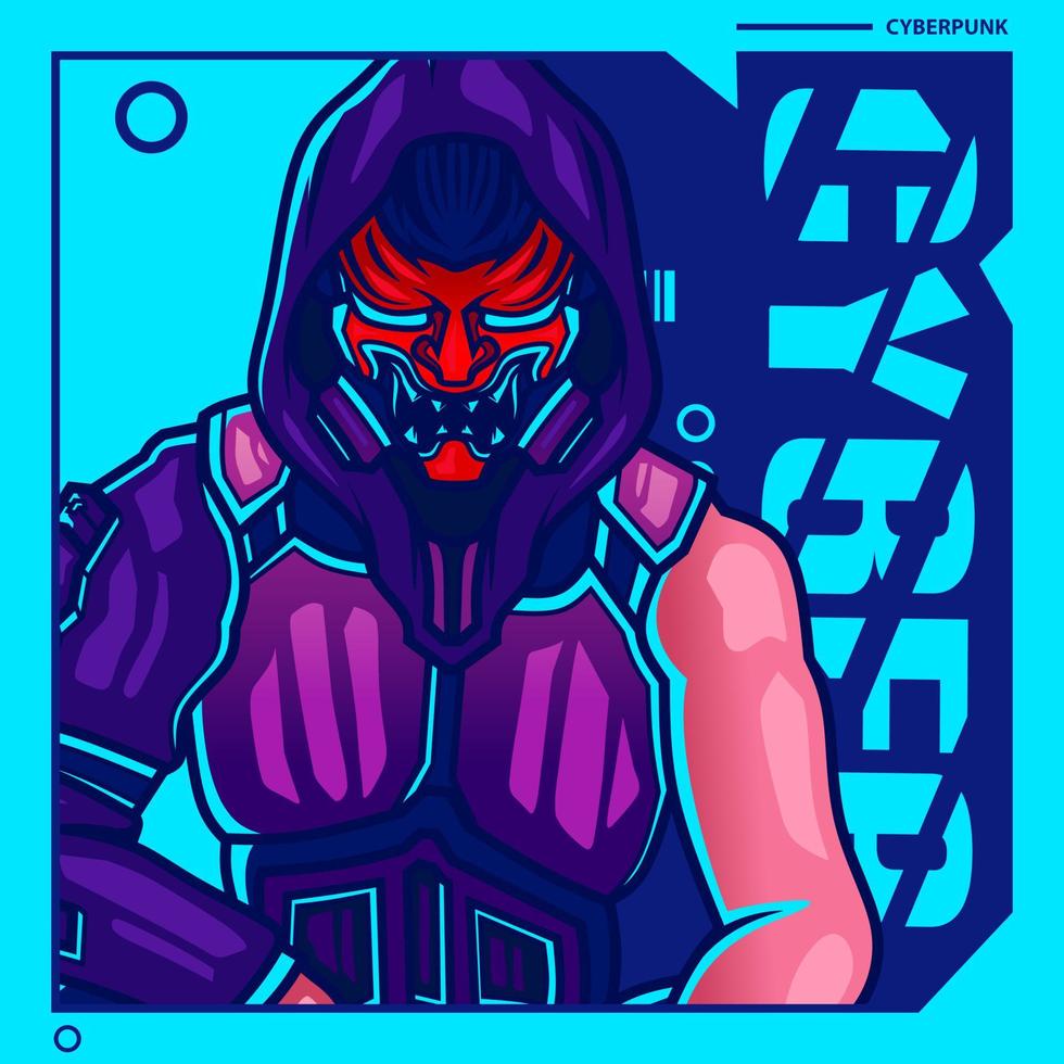 Samurai man wear gun cyberpunk art style. Colorful fiction design with dark background. Abstract vector illustration.