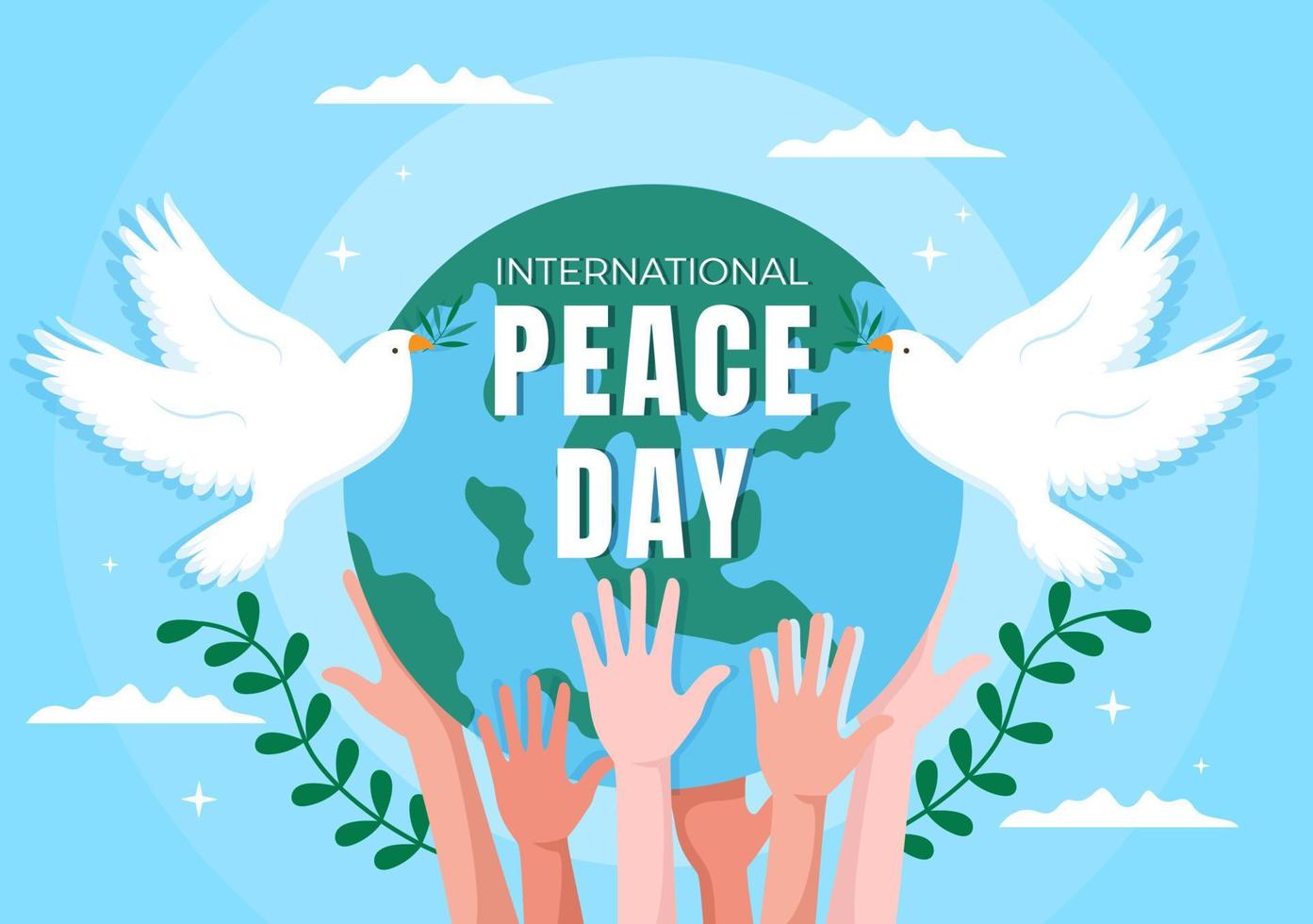 International Peace Day Cartoon Illustration with Hands, Pigeon, Globe and Blue Sky to Create Prosperous in the World in Flat Style Design vector