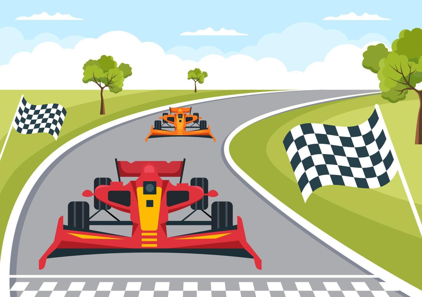 Fórmula de carreras de autos deportivos alcanzan en el circuito de carreras la ilustración de dibujos animados de la línea de meta para ganar el campeonato en un diseño de estilo plano vector