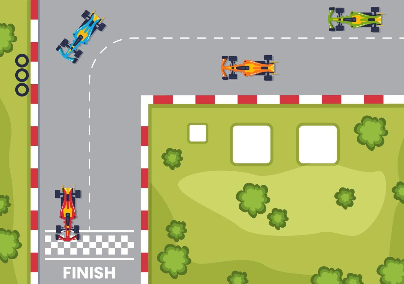 Fórmula de carreras de autos deportivos alcanzan en el circuito de carreras la ilustración de dibujos animados de la línea de meta para ganar el campeonato en un diseño de estilo plano vector