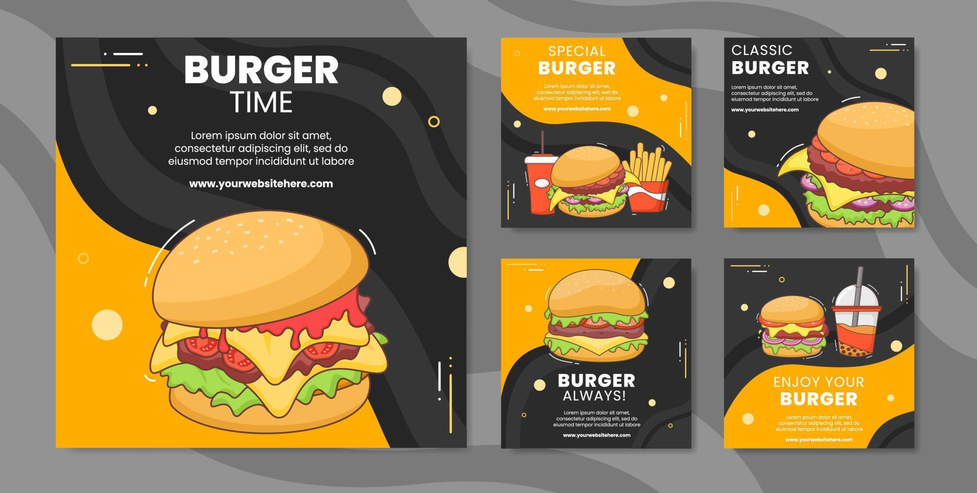 Burger Social Media Post Template Flat Cartoon Background Vector Illustration