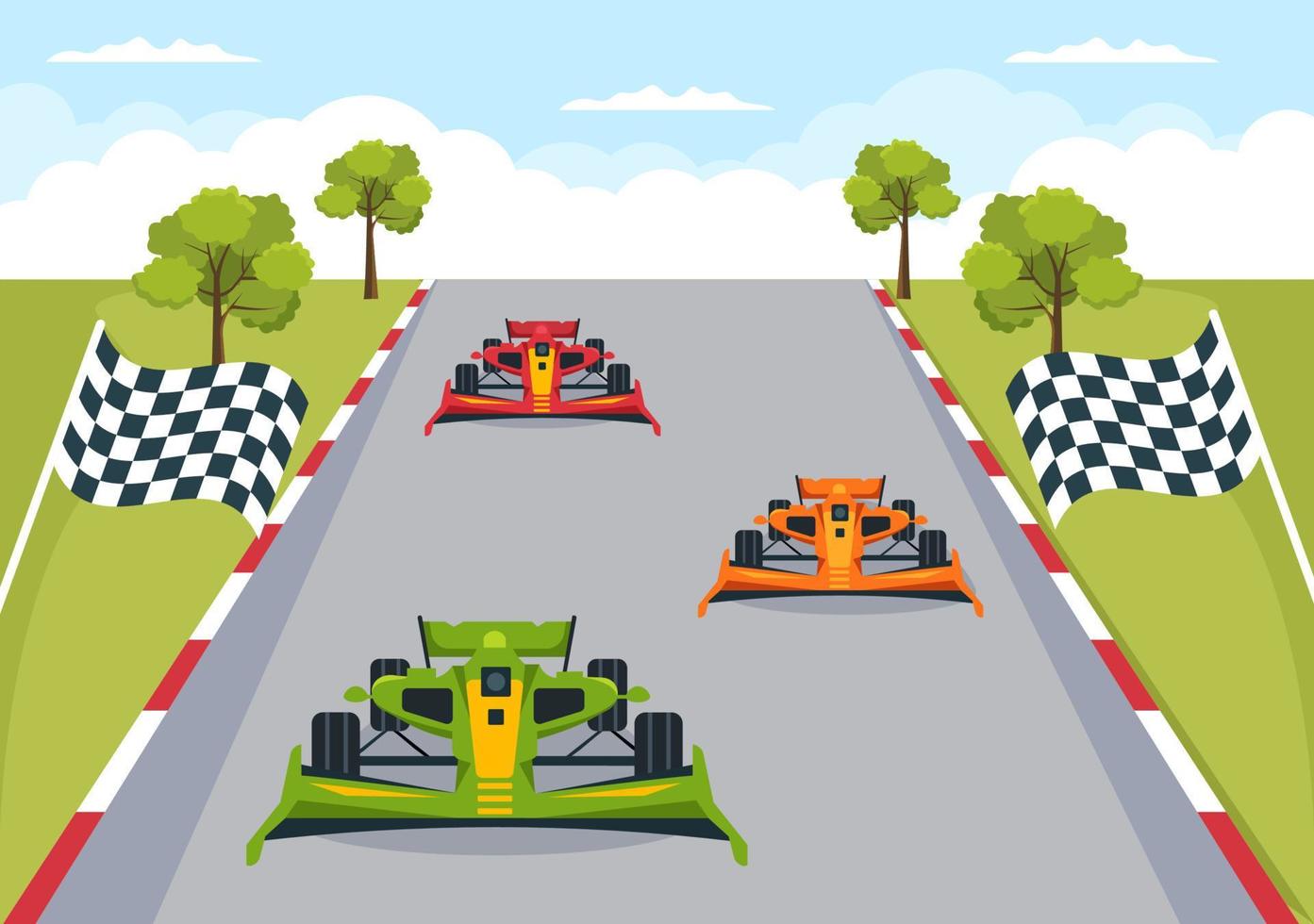 Fórmula de carreras de autos deportivos alcanzan en el circuito de carreras la ilustración de dibujos animados de la línea de meta para ganar el campeonato en un diseño de estilo plano vector