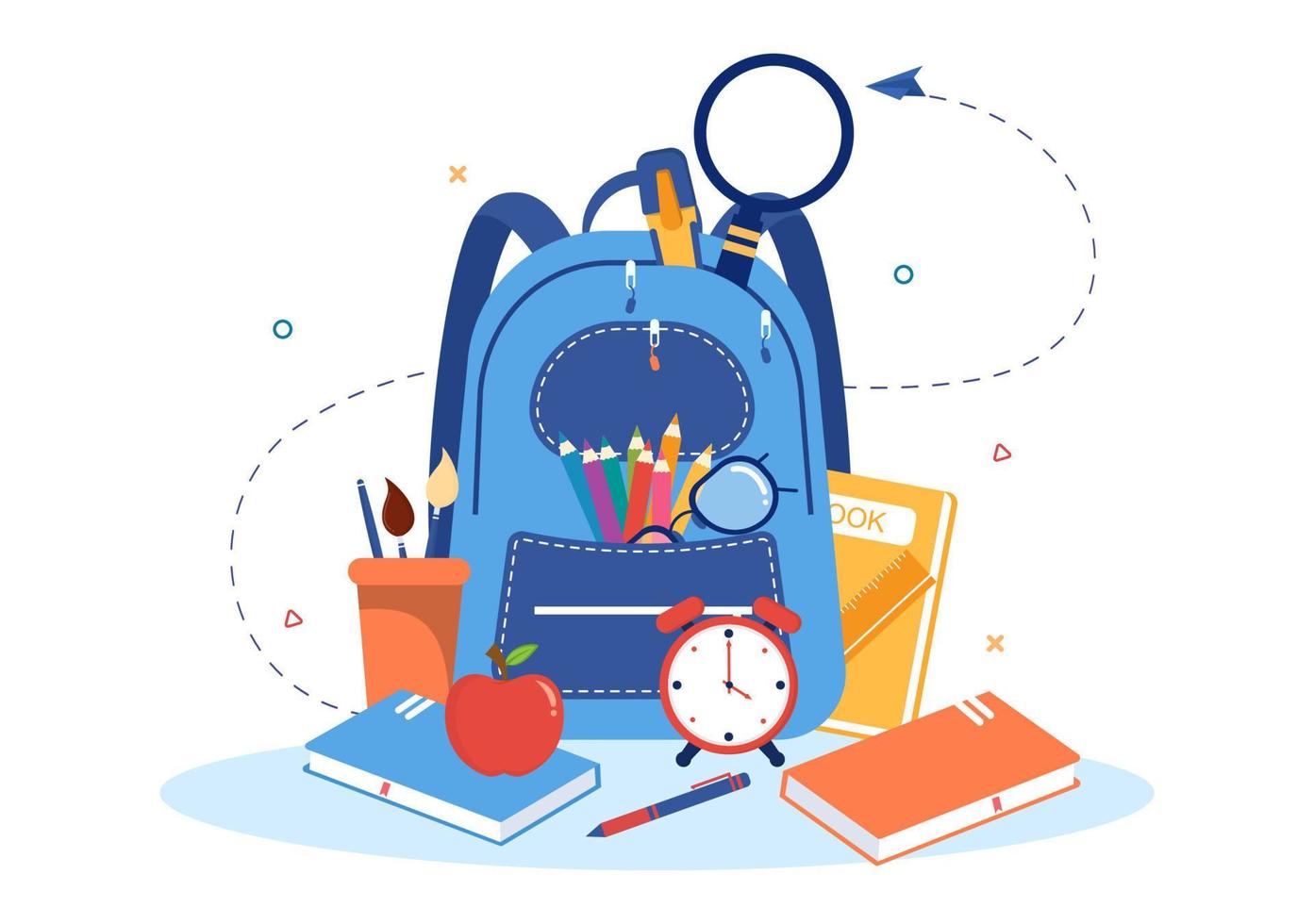 Stationery Set with Globe, Backpack, Book, Notebook, Ruler, Pencil, Pen, Calculator, Magnifying Glass or Scissors in Flat Cartoon Illustration vector