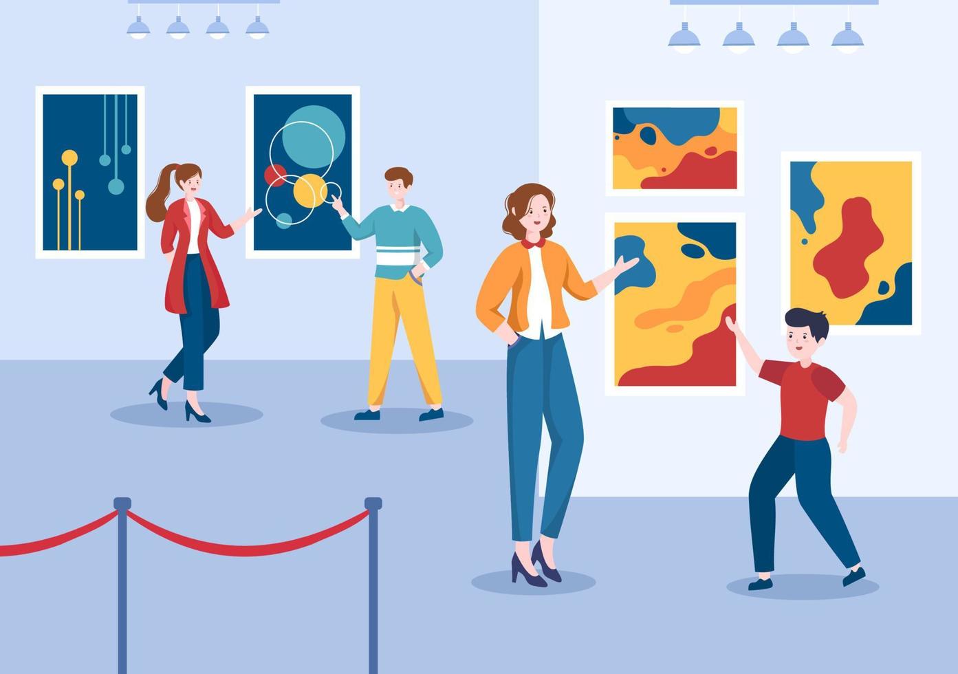 Art Gallery Museum Cartoon Illustration with Exhibition, Culture, Sculpture, Painting and Some People to See it in Flat Style Design vector