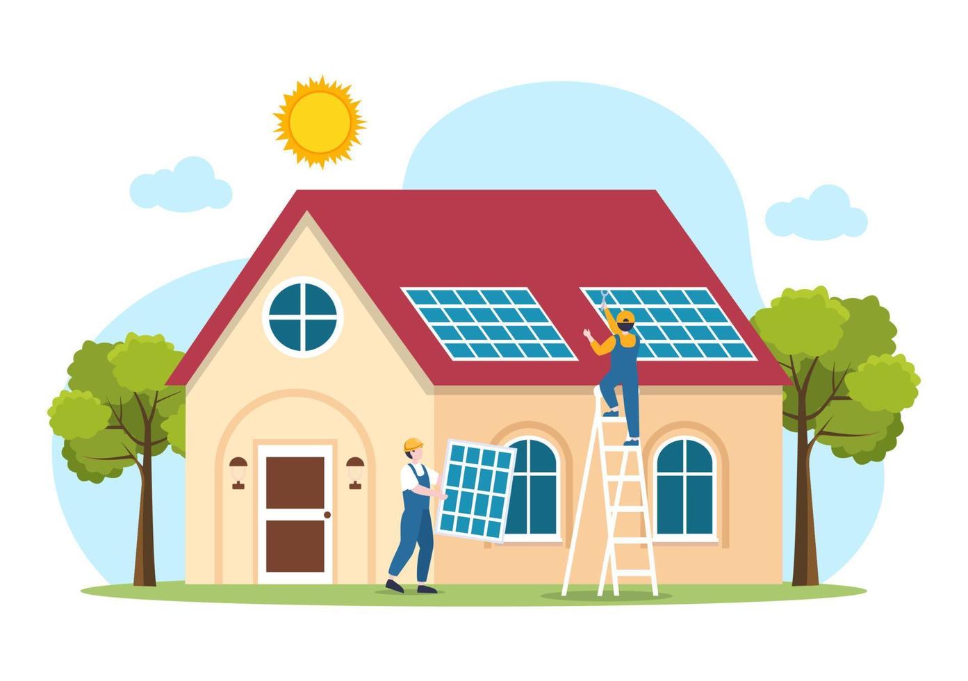 Solar Energy Installation, Panel or Wind Turbine Maintenance with Home Service Team For Electricity Network Operation in Cartoon Illustration vector