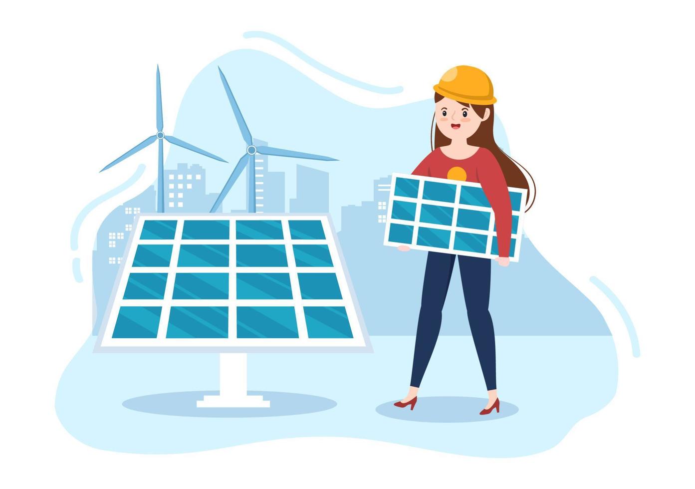 Solar Energy Installation, Panel or Wind Turbine Maintenance with Home Service Team For Electricity Network Operation in Cartoon Illustration vector